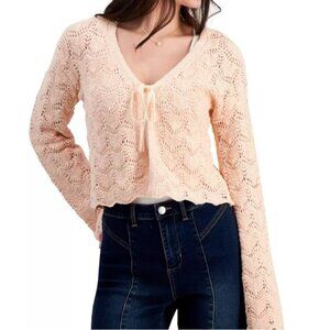 Sugar Moon Open Knit Crochet Cardigan Sweater Womens Medium Peach New Tie Front